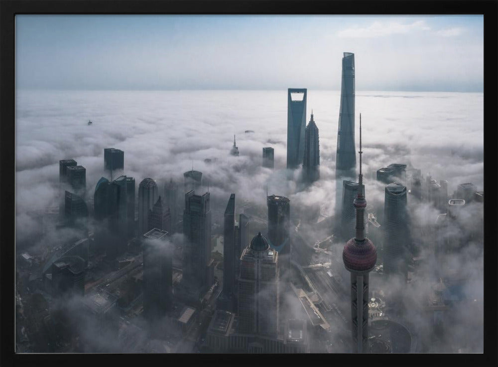 Shanghai im Nebel von oben | Poster