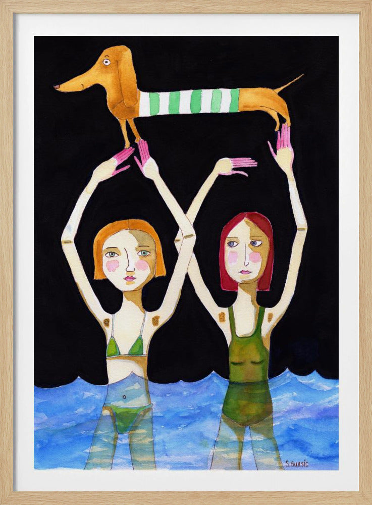 Schwimmende Mädchen mit Dackel | Poster