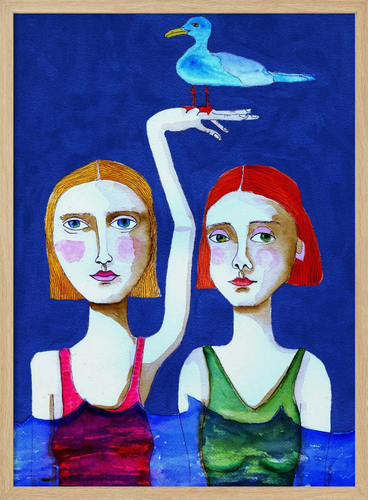Schwimmende Damen mit blauem Vogel | Poster