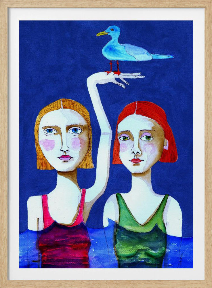 Schwimmende Damen mit blauem Vogel | Poster