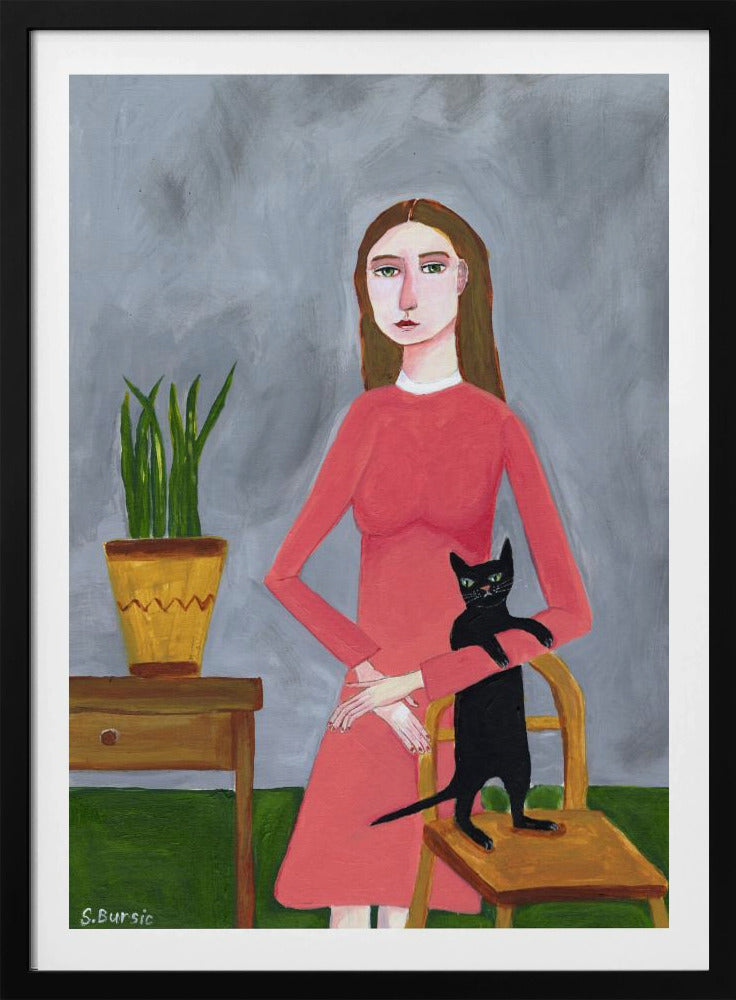 Katzendame mit schwarzer Katze | Poster