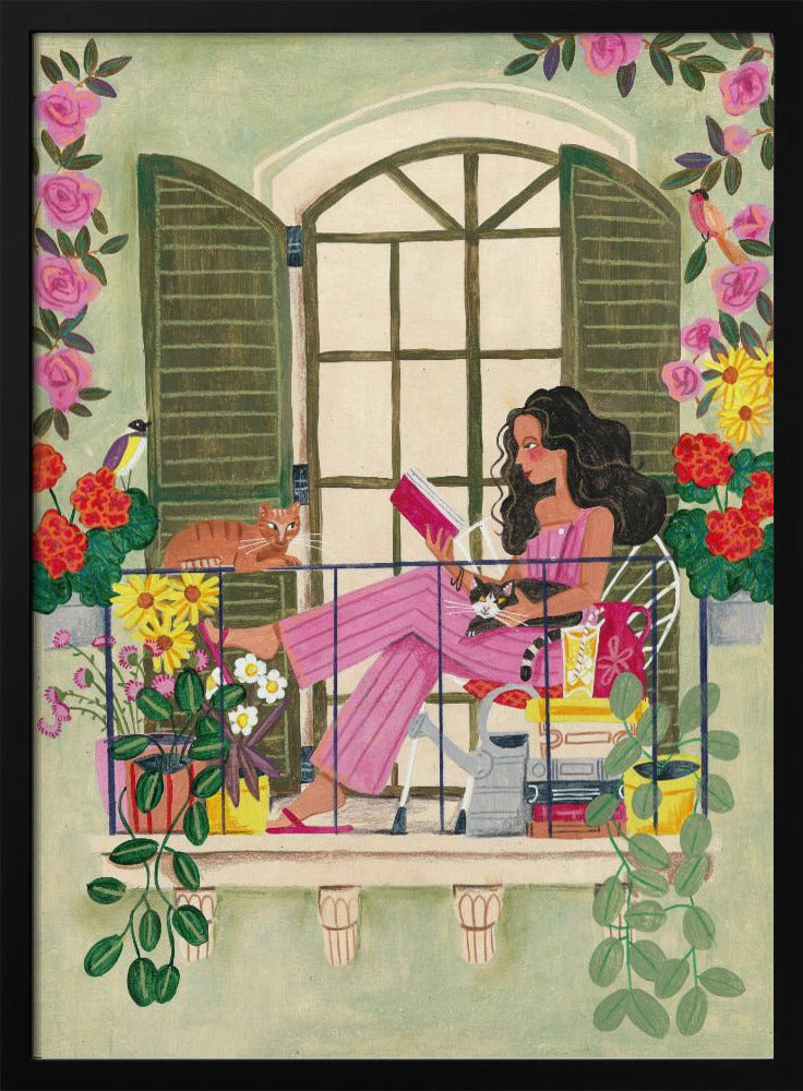 Frau liest auf Balkon | Poster