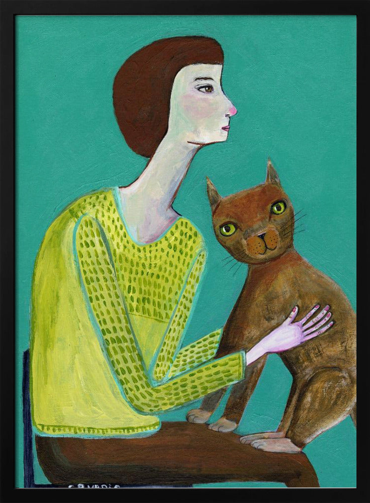 Dame sitzt mit brauner Katze Katzenliebhaber | Poster