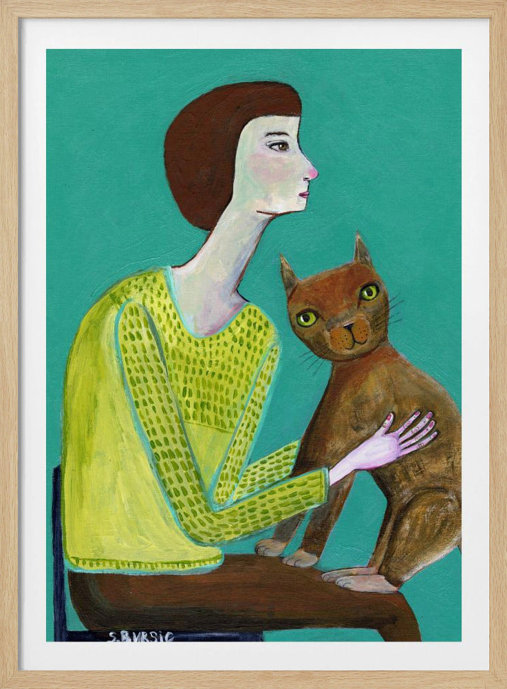 Dame sitzt mit brauner Katze Katzenliebhaber | Poster
