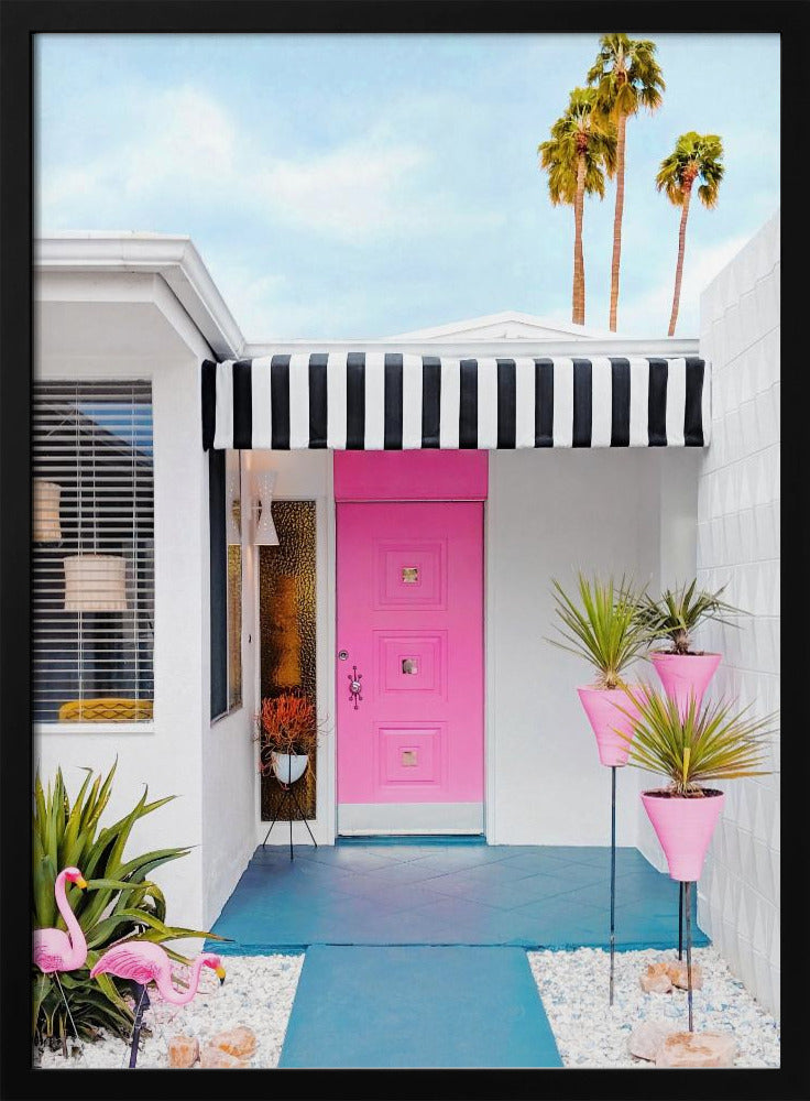 Rosa Tür mit Gartenflamingos | Poster