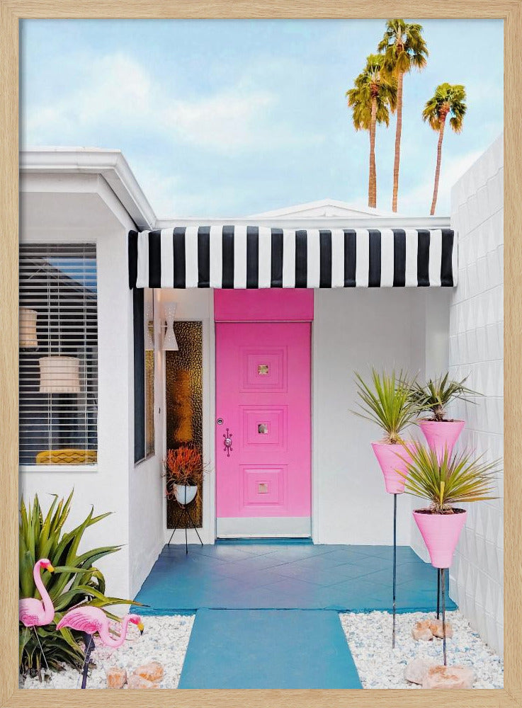 Rosa Tür mit Gartenflamingos | Poster