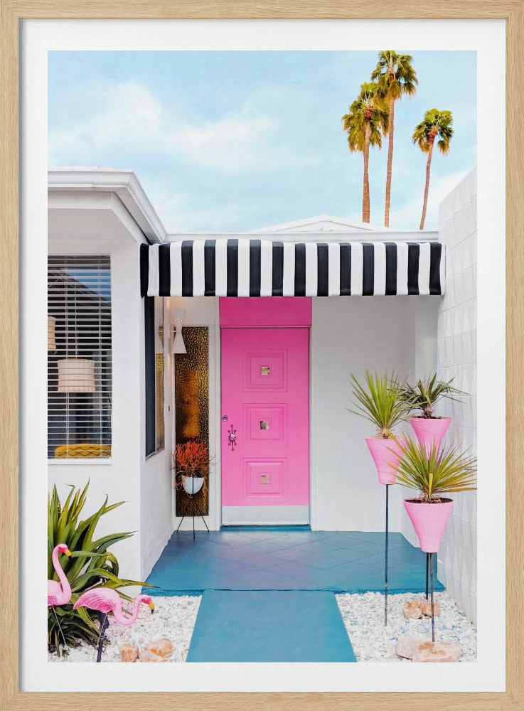 Rosa Tür mit Gartenflamingos | Poster