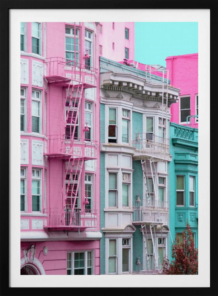 Rosa und blaue Reihenhäuser in San Francisco | Poster