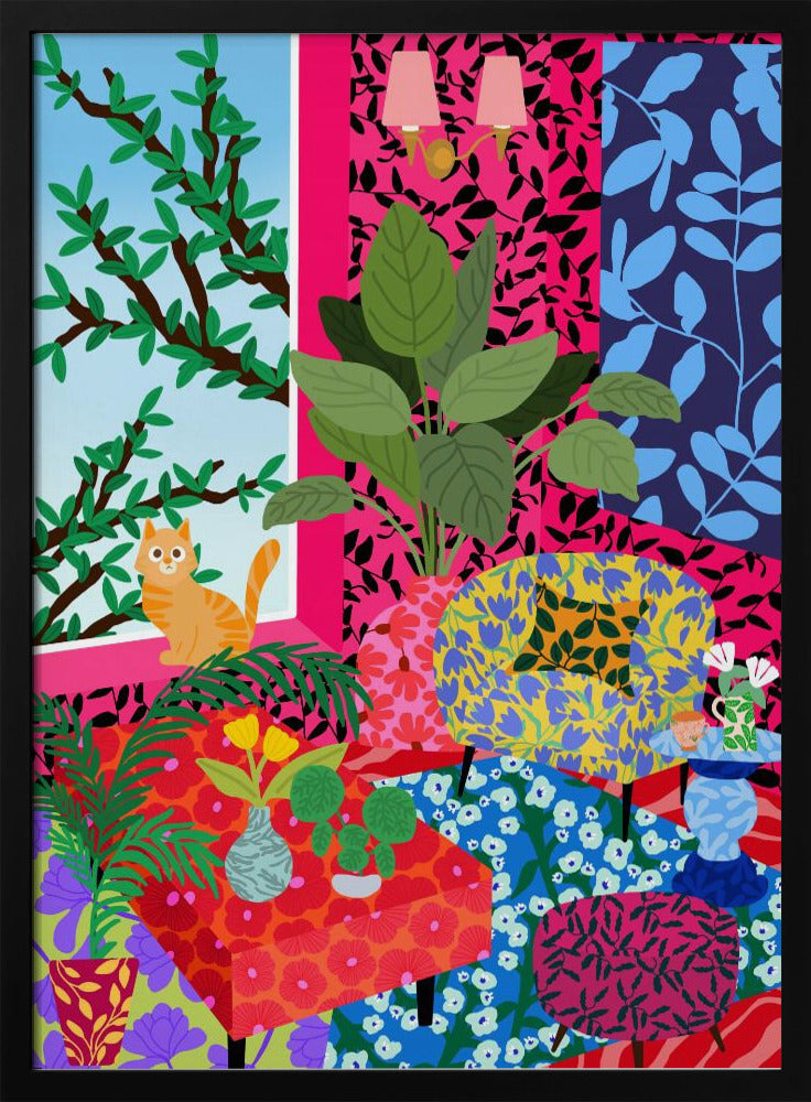 Katze im Flower-Power-Wohnzimmer | Poster