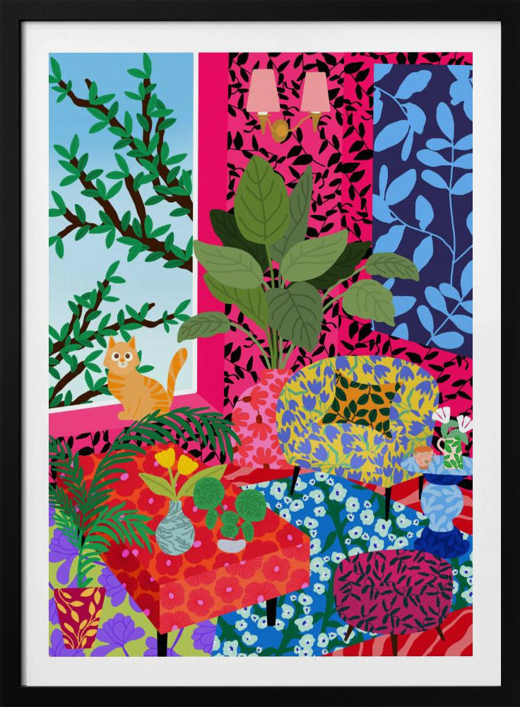 Katze im Flower-Power-Wohnzimmer | Poster