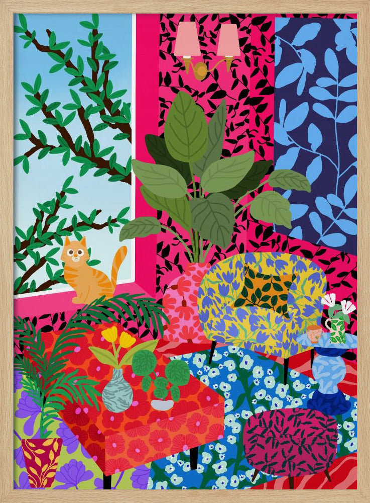 Katze im Flower-Power-Wohnzimmer | Poster