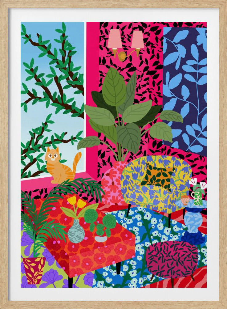 Katze im Flower-Power-Wohnzimmer | Poster