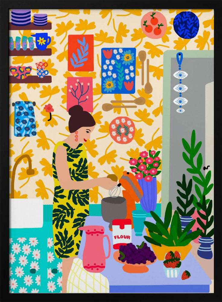 Eine Frau in einer Küche mit Blumen | Poster