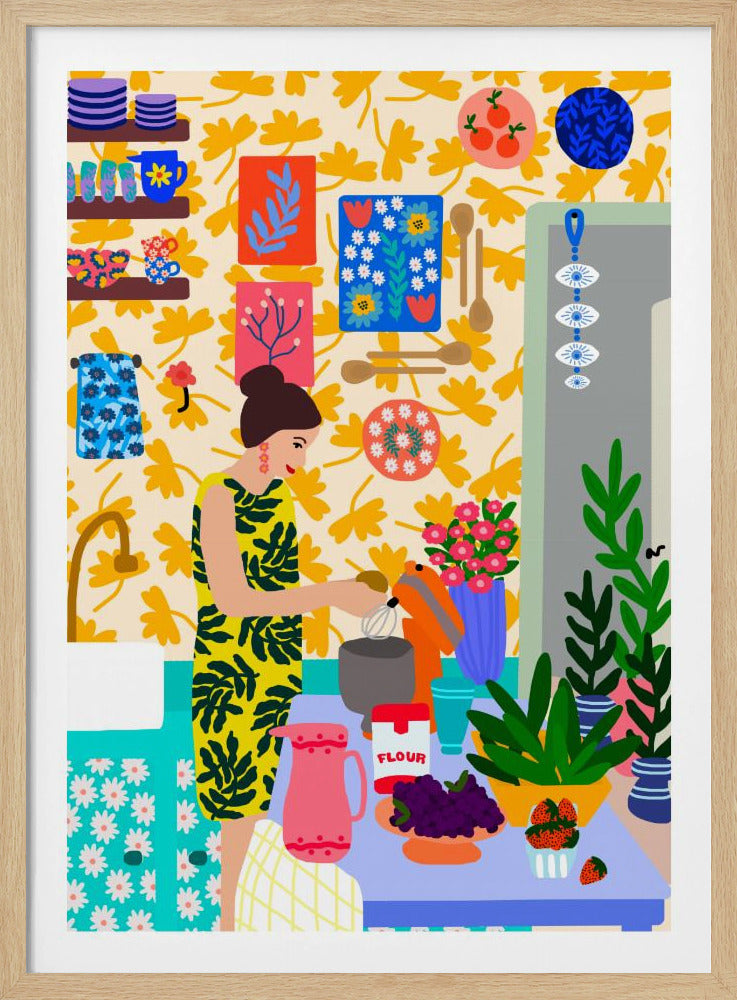 Eine Frau in einer Küche mit Blumen | Poster