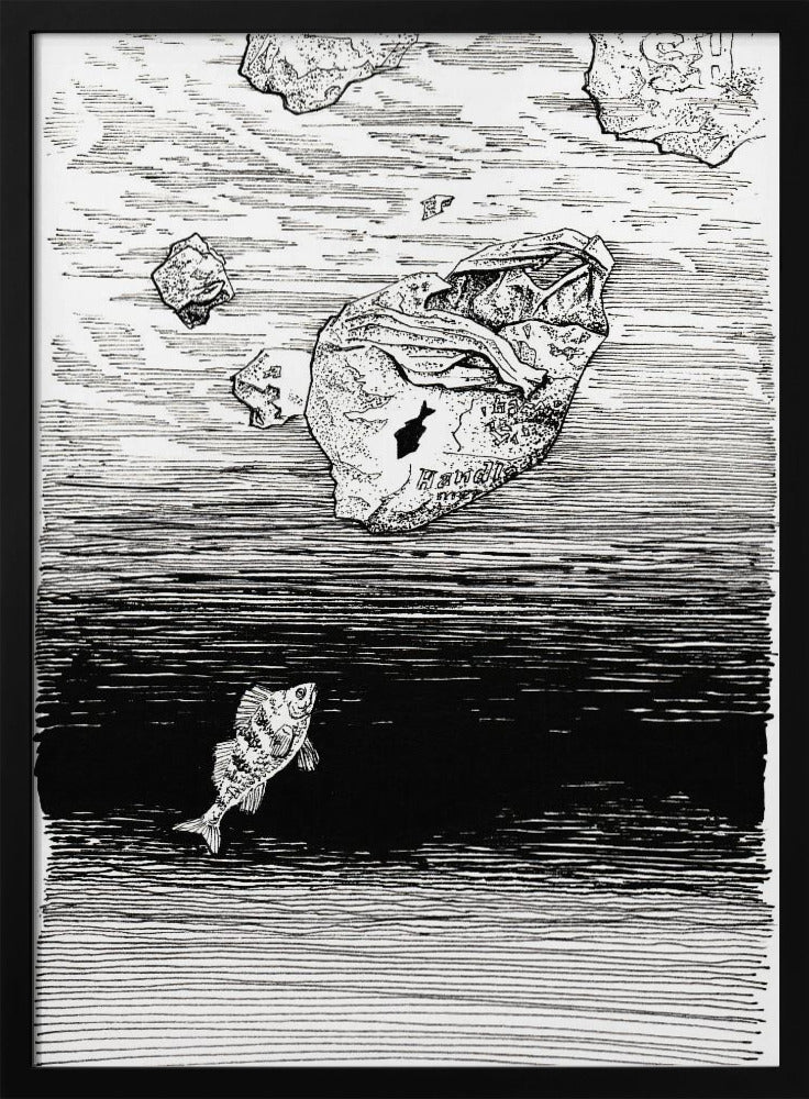 Midless. Ein Fisch im Plastikmeer. Tuschezeichnung. | Poster