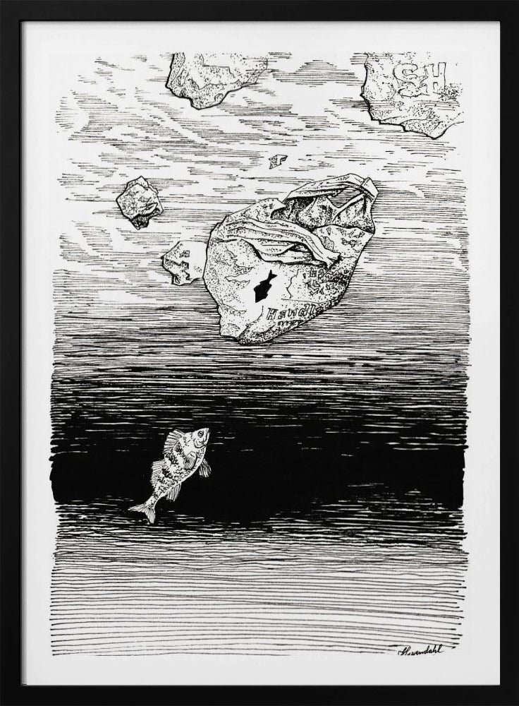 Midless. Ein Fisch im Plastikmeer. Tuschezeichnung. | Poster