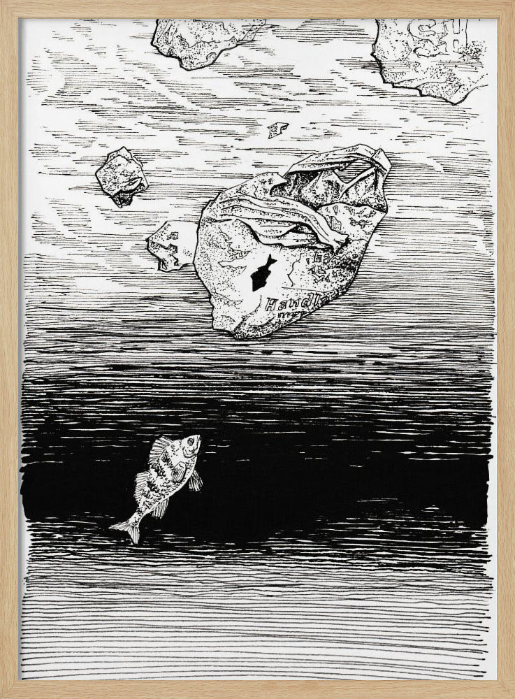 Midless. Ein Fisch im Plastikmeer. Tuschezeichnung. | Poster
