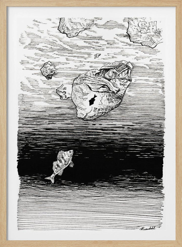 Midless. Ein Fisch im Plastikmeer. Tuschezeichnung. | Poster