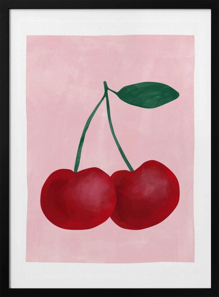 Rote Kirschen mit grünem Blatt | Poster