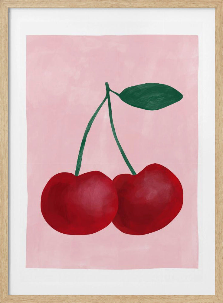 Rote Kirschen mit grünem Blatt | Poster