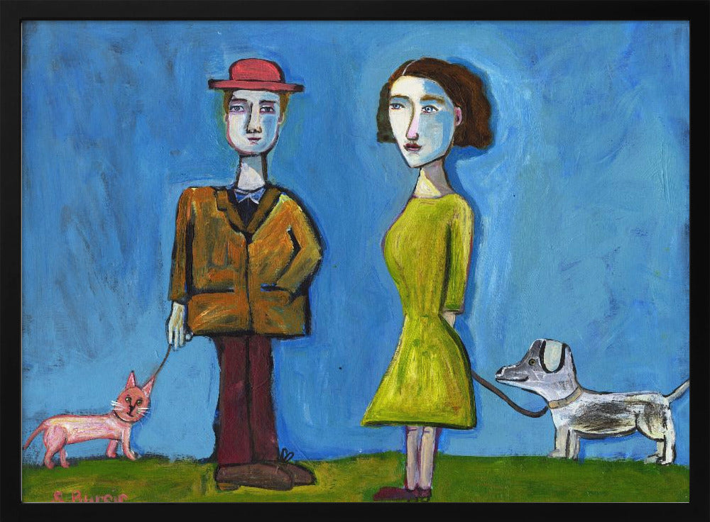 Menschen gehen mit Katze und Hund spazieren | Poster