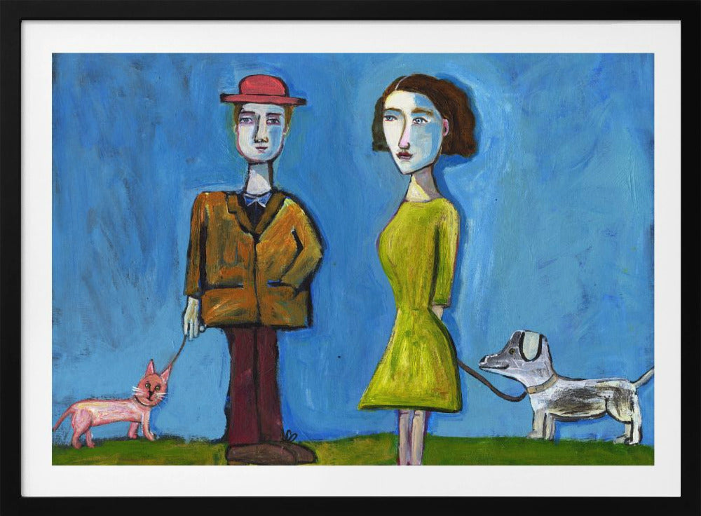 Menschen gehen mit Katze und Hund spazieren | Poster