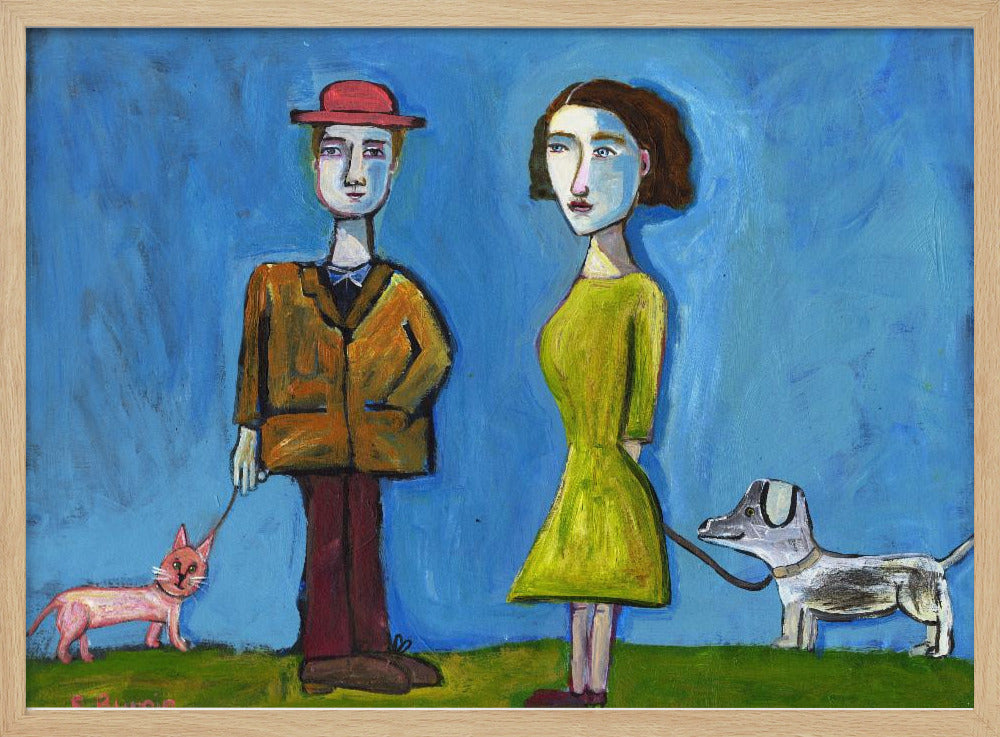 Menschen gehen mit Katze und Hund spazieren | Poster