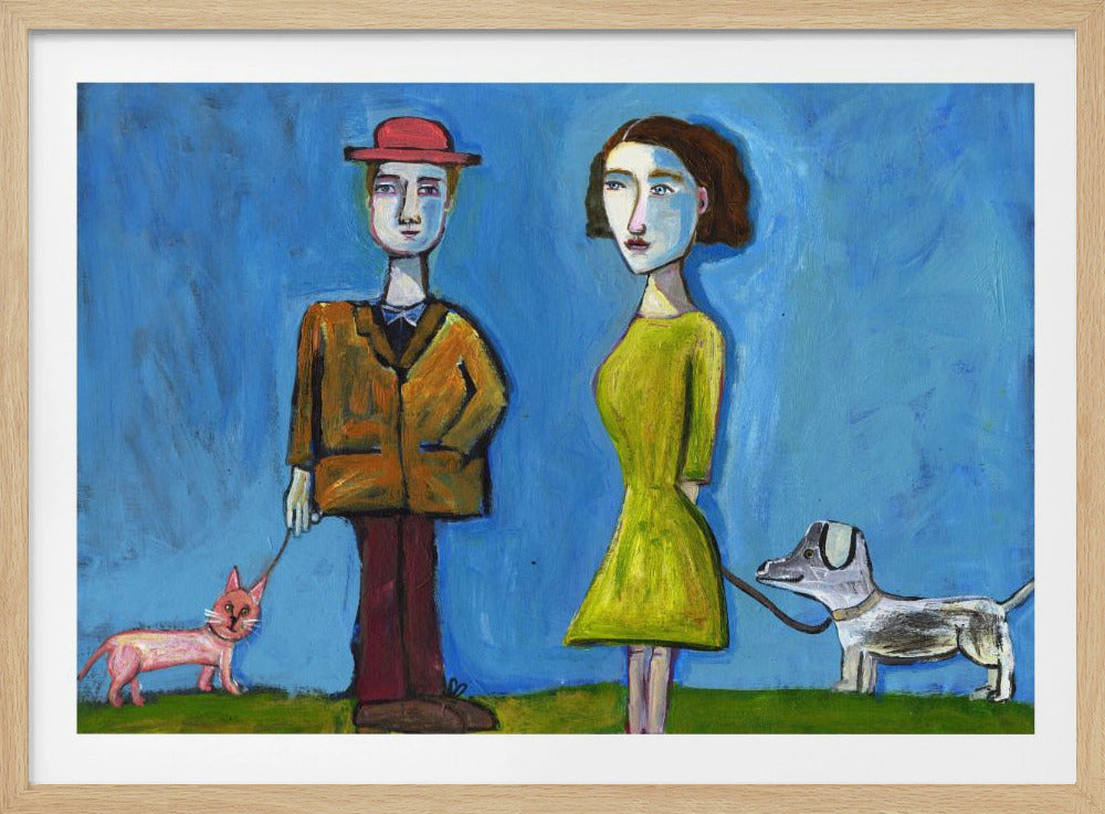 Menschen gehen mit Katze und Hund spazieren | Poster