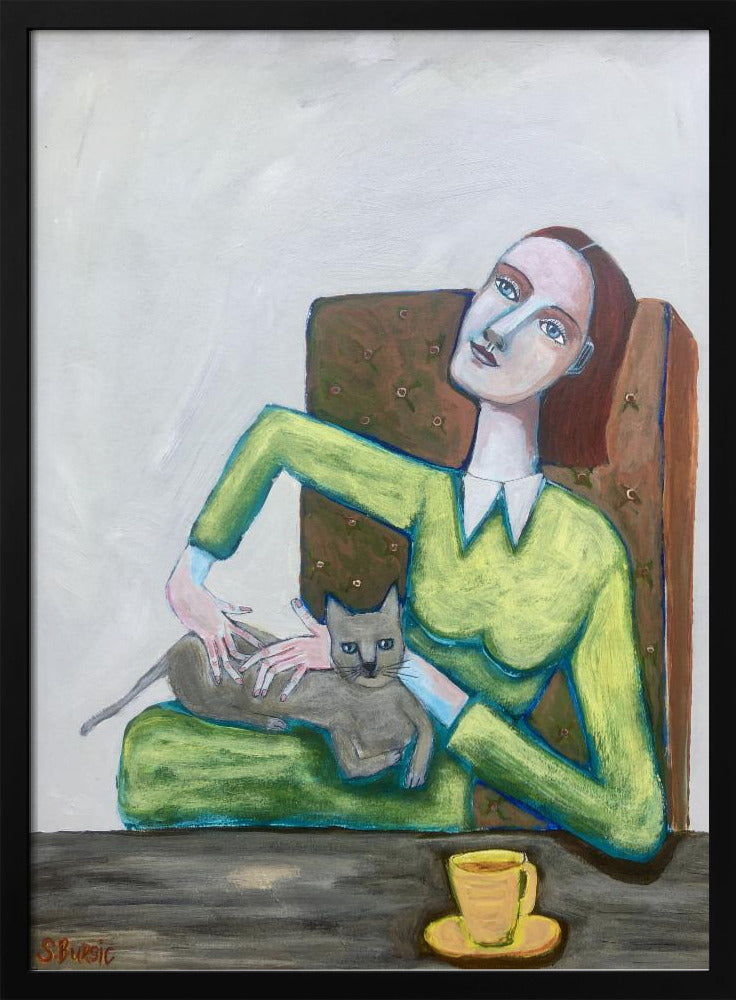 Dame kitzelt graue Katze im Stuhl | Poster