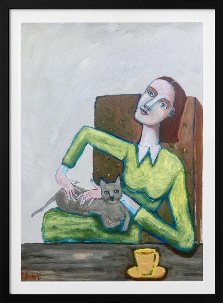 Dame kitzelt graue Katze im Stuhl | Poster