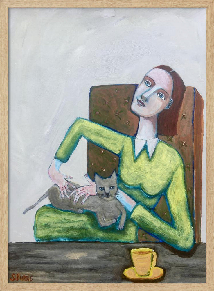 Dame kitzelt graue Katze im Stuhl | Poster
