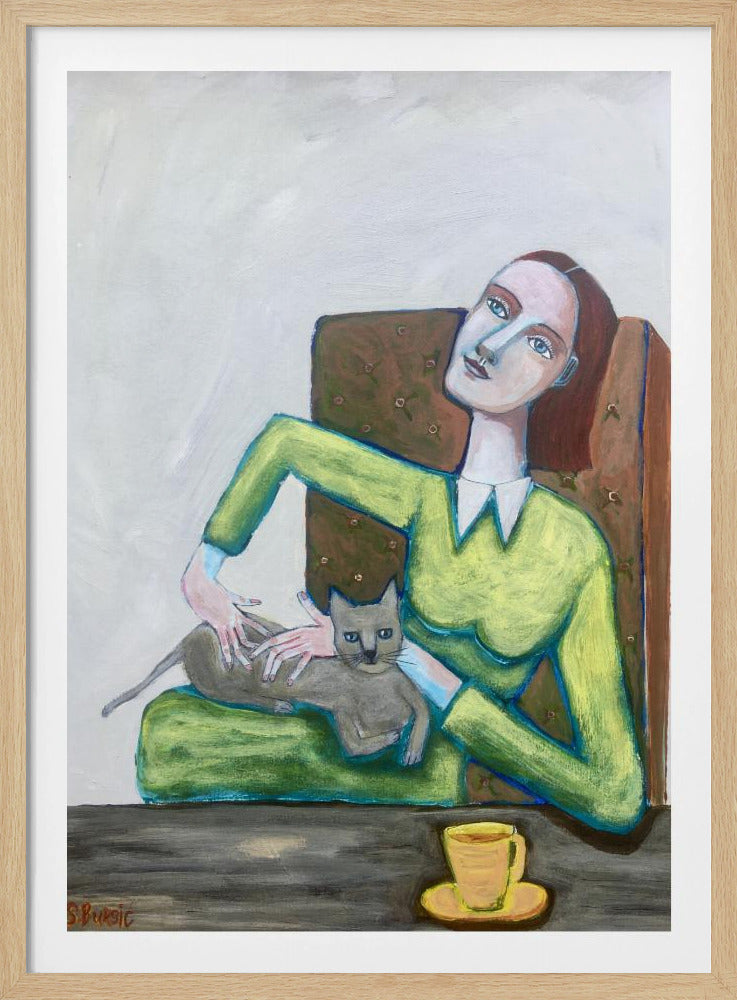 Dame kitzelt graue Katze im Stuhl | Poster