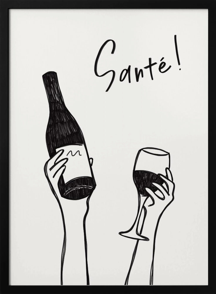Hände halten eine Weinflasche und ein Weinglas mit dem Text „Prost!“ auf Französisch | Poster