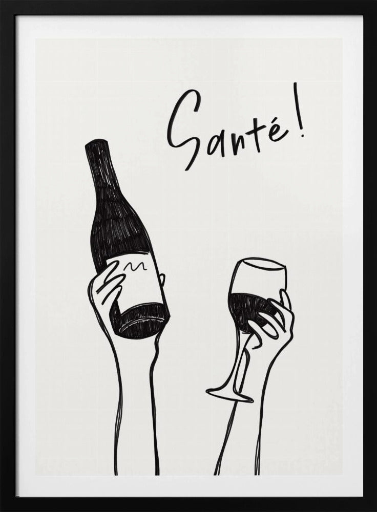 Hände halten eine Weinflasche und ein Weinglas mit dem Text „Prost!“ auf Französisch | Poster