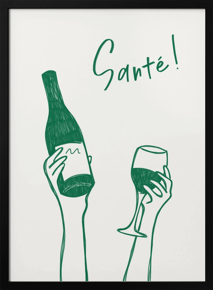 Hände halten eine Weinflasche und ein Weinglas mit dem Text „Prost!“ auf Französisch | Poster