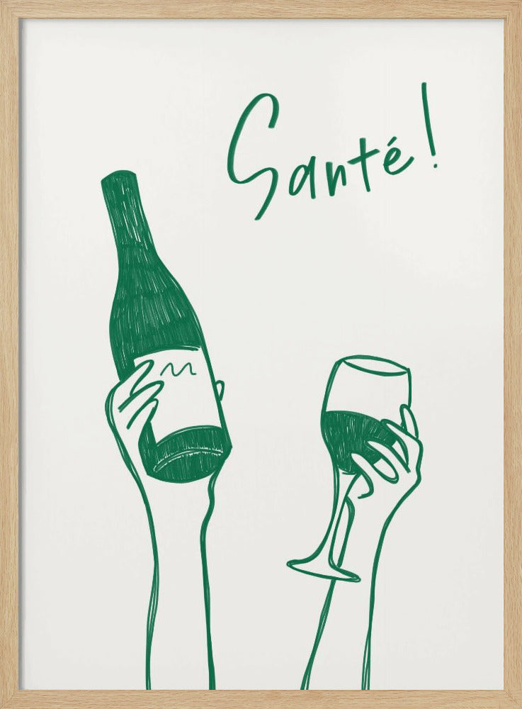 Hände halten eine Weinflasche und ein Weinglas mit dem Text „Prost!“ auf Französisch | Poster