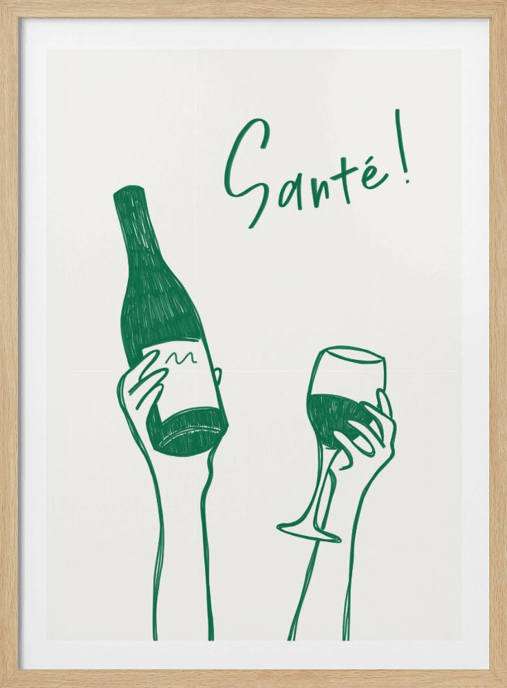 Hände halten eine Weinflasche und ein Weinglas mit dem Text „Prost!“ auf Französisch | Poster