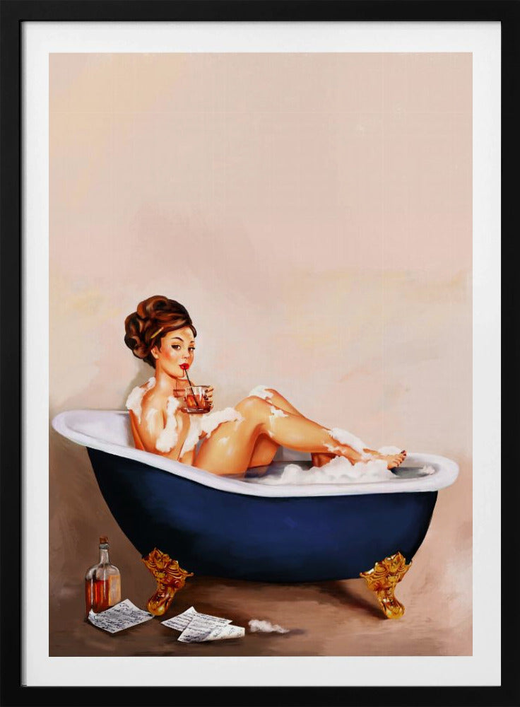Bathtub Drinks: Pinup Girl Drinking In Bathroom | Poster