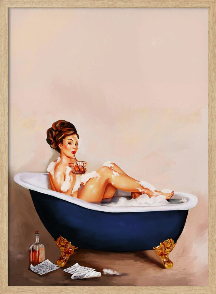 Bathtub Drinks: Pinup Girl Drinking In Bathroom | Poster