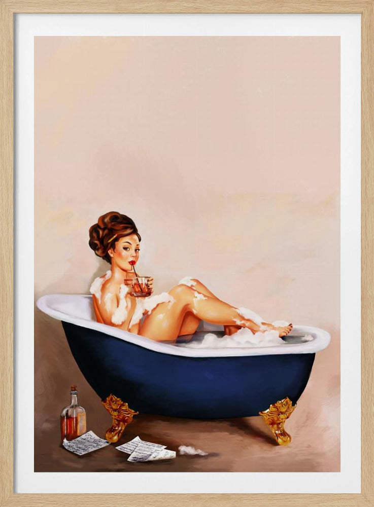 Bathtub Drinks: Pinup Girl Drinking In Bathroom | Poster