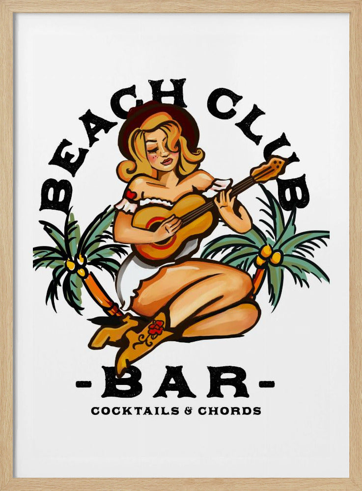 Beach Club Bar. Pin-up-Girl im Sailor Jerry-Stil spielt Gitarre | Poster