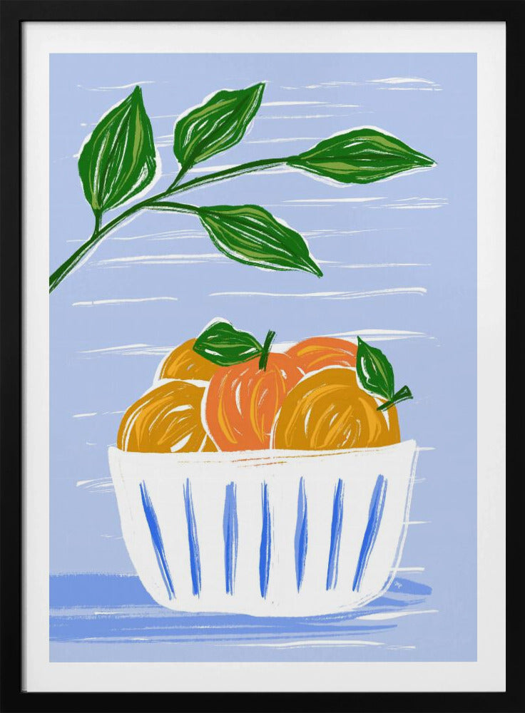 Orangen und Blätter in einer weißen Schüssel | Poster