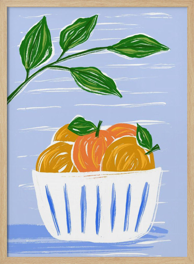 Orangen und Blätter in einer weißen Schüssel | Poster