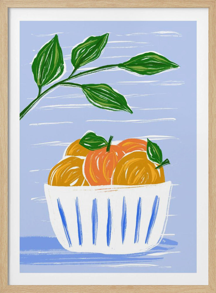 Orangen und Blätter in einer weißen Schüssel | Poster