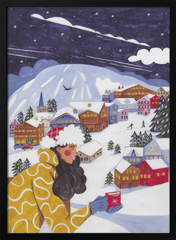 Winterlandschaft mit Frau und Kaffee | Poster