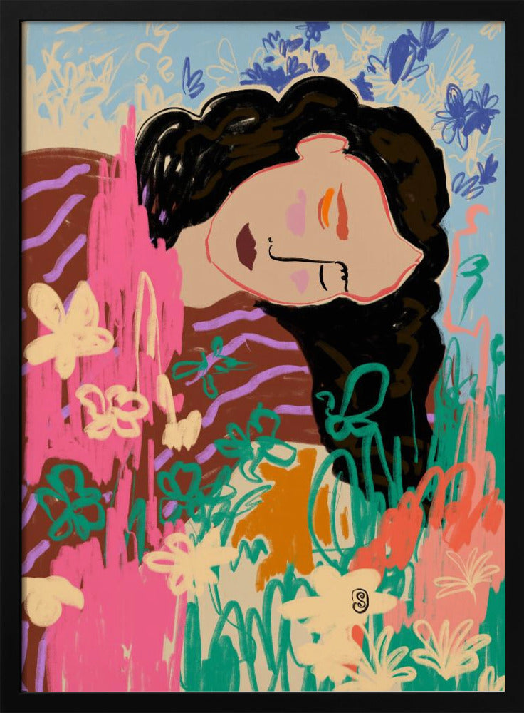 Ausdrucksstarke Figur umgeben von bunten Blumen | Poster