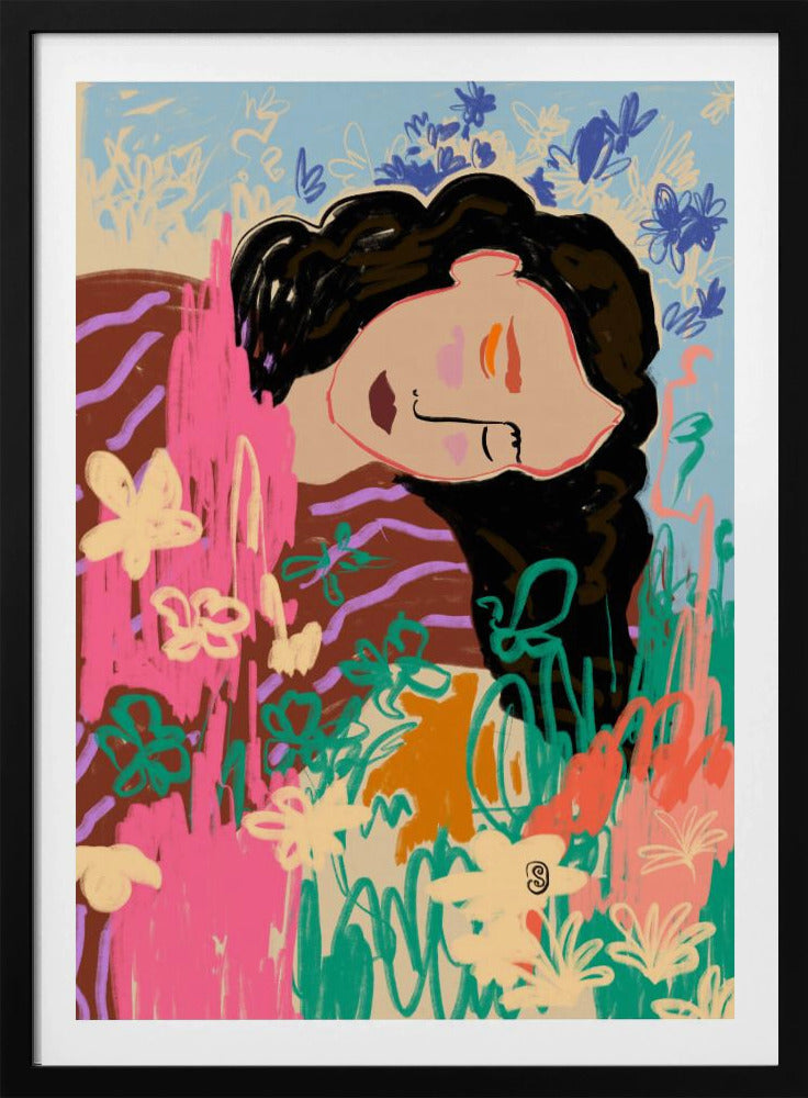 Ausdrucksstarke Figur umgeben von bunten Blumen | Poster