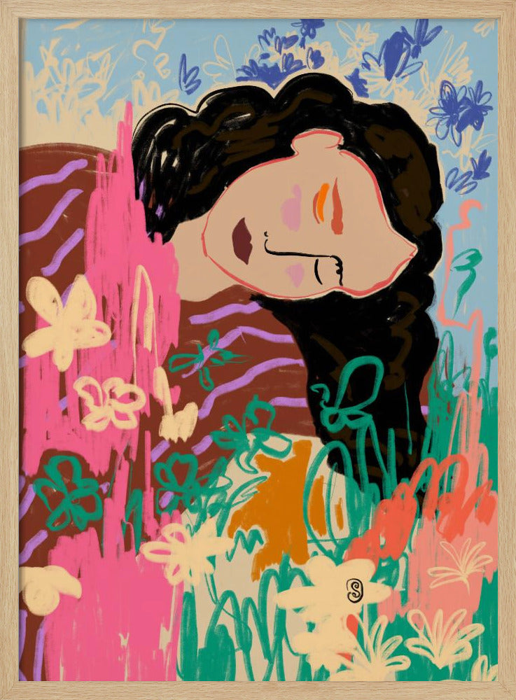 Ausdrucksstarke Figur umgeben von bunten Blumen | Poster