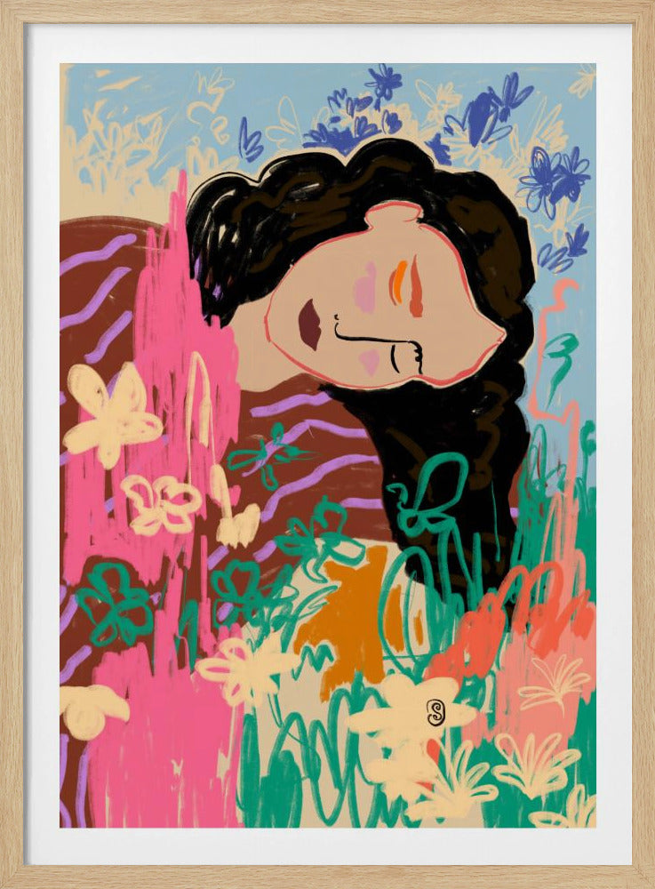 Ausdrucksstarke Figur umgeben von bunten Blumen | Poster