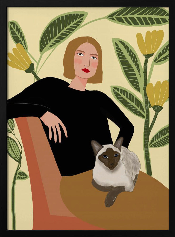 Dame mit Pflanzen und Katze | Poster